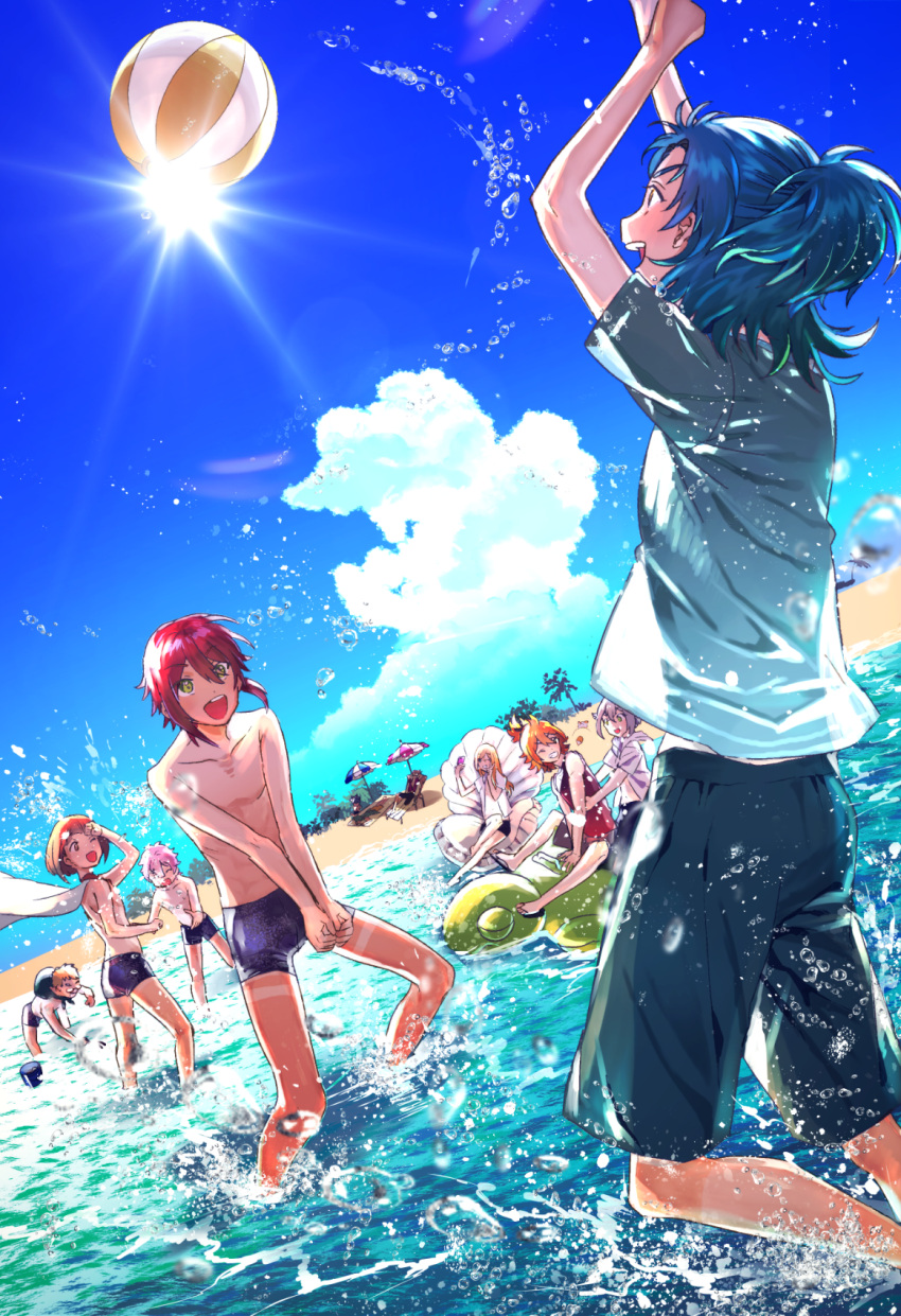 6+boys :d ;d akita_toushirou ball beach beach_umbrella beachball blonde_hair blue_eyes blue_hair brown_eyes brown_hair cape cellphone deck_chair dutch_angle glasses green_eyes grin hakata_toushirou half_updo highres hotarumaru jun_(nad-j) kousetsu_samonji maeda_toushirou male_focus male_swimwear midare_toushirou multiple_boys one_eye_closed open_mouth palm_tree phone pink_hair sandals sayo_samonji self_shot shinano_toushirou shirtless smartphone smile souza_samonji summer swim_trunks swimwear taikogane_sadamune tan tanline touken_ranbu tree umbrella urashima_kotetsu v water