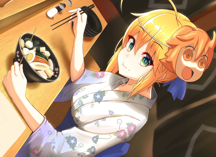 1girl ahoge artoria_pendragon_(all) blonde_hair blush bowl breasts chopsticks closed_mouth commentary_request damao_yu dutch_angle eating eyebrows_visible_through_hair fate/grand_order fate/stay_night fate_(series) floral_print food food_on_face food_request fujimaru_ritsuka_(female) green_eyes hair_bun japanese_clothes kimono looking_at_viewer mask mask_on_head medium_breasts nabe napkin pepper_shaker riyo_(lyomsnpmp)_(style) saber salt_shaker shiny shiny_hair sitting solo wide_sleeves