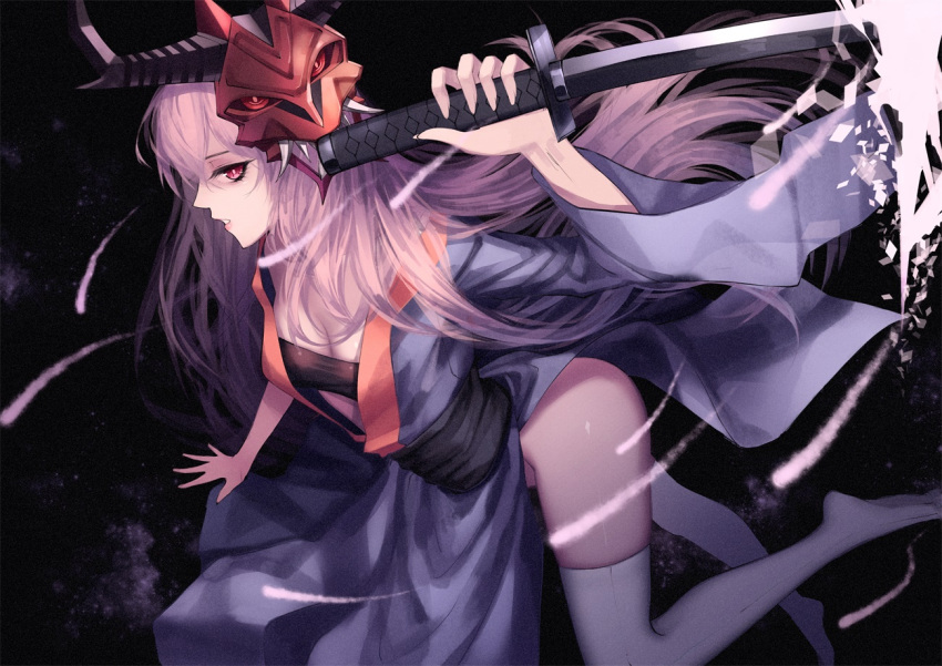 1girl alternate_costume breasts cleavage foreshortening from_side hata_no_kokoro holding holding_sword holding_weapon japanese_clothes katana kimono long_hair long_sleeves looking_at_viewer looking_to_the_side mask mask_on_head medium_breasts no_panties obi parted_lips pink_hair profile red-d red_eyes sash solo sword thigh-highs touhou weapon white_legwear wide_sleeves