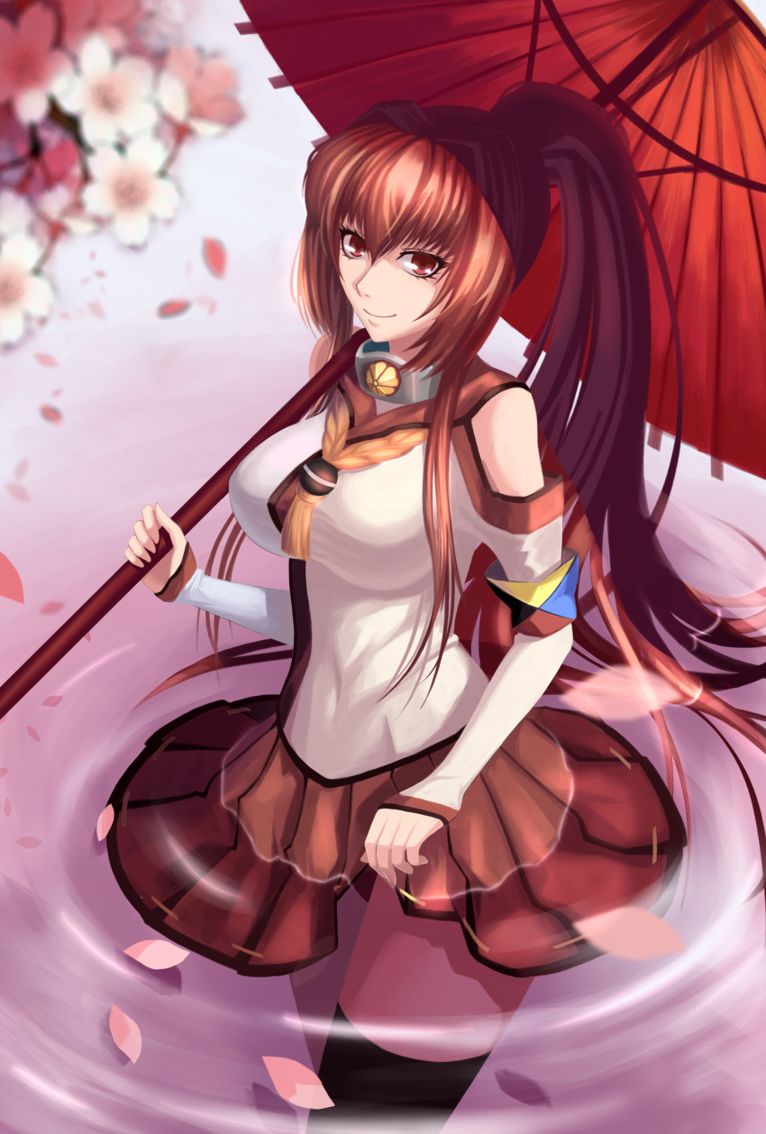 10s 1girl absurdres bangs black_legwear blush breasts brown_hair cherry_blossoms detached_sleeves flower hair_flower hair_ornament headgear highres kantai_collection large_breasts long_hair long_sleeves looking_at_viewer miniskirt oriental_umbrella ponytail red-d red_eyes single_thighhigh skirt smile solo thigh-highs umbrella very_long_hair wading yamato_(kantai_collection)