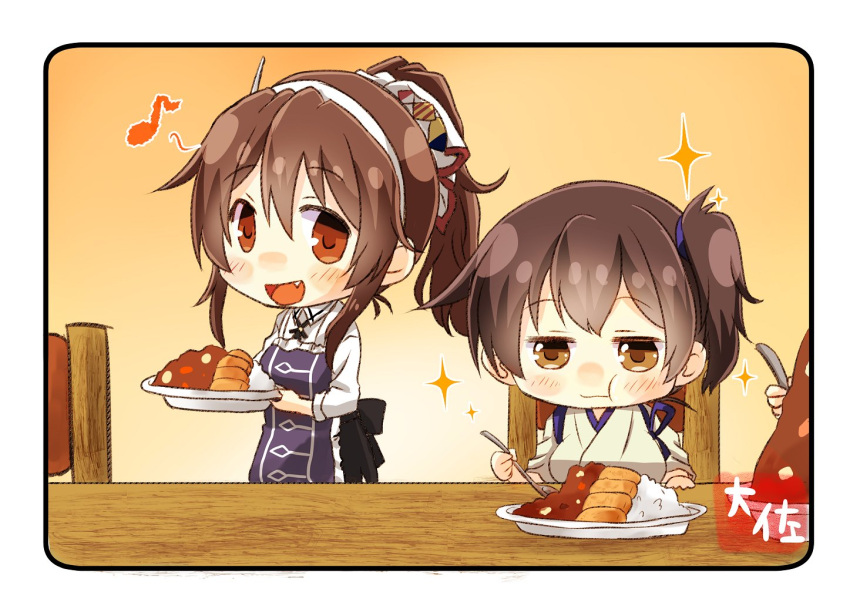 10s 2girls :d artist_name ashigara_(kantai_collection) brown_eyes brown_hair commentary_request eating fang hair_between_eyes hairband holding holding_spoon horned_headwear japanese_clothes kaga_(kantai_collection) kantai_collection long_hair long_sleeves multiple_girls musical_note open_mouth quaver short_hair side_ponytail smile sparkle spoon taisa_(kari) tasuki white_hairband
