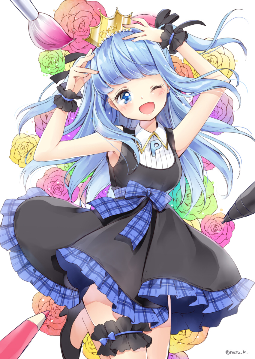 1girl ;d bangs black_dress black_footwear black_ribbon blue_eyes blue_hair blunt_bangs blush bow collared_shirt colored_pencil commentary_request crown dress floral_background flower hair_ribbon hands_on_own_head hands_up hazuki_natsu head_tilt highres leg_garter long_hair one_eye_closed open_mouth original paintbrush pencil pixiv pixiv-tan plaid plaid_bow plaid_ribbon pumps ribbon rose shirt shoes sleeveless sleeveless_dress smile solo standing standing_on_one_leg stylus tareme twitter_username two_side_up undershirt very_long_hair white_background white_shirt wrist_cuffs