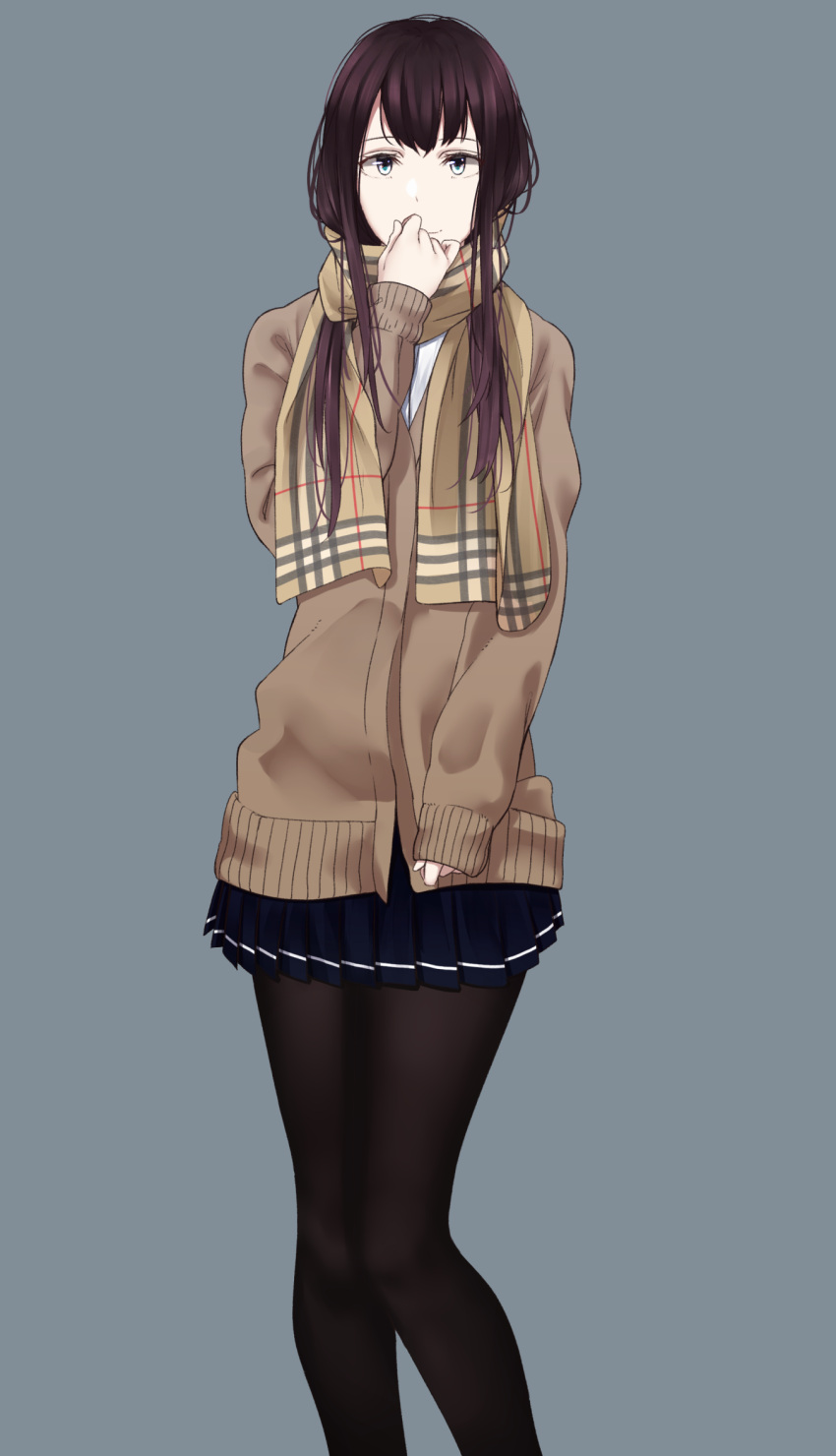 1girl black_legwear black_skirt blue_eyes brown_hair brown_scarf cardigan closed_mouth commentary_request dress grey_background hand_up highres long_hair long_sleeves looking_at_viewer original pantyhose saitou_(lynx-shrike) short_dress simple_background skirt sleeves_past_wrists smile solo standing