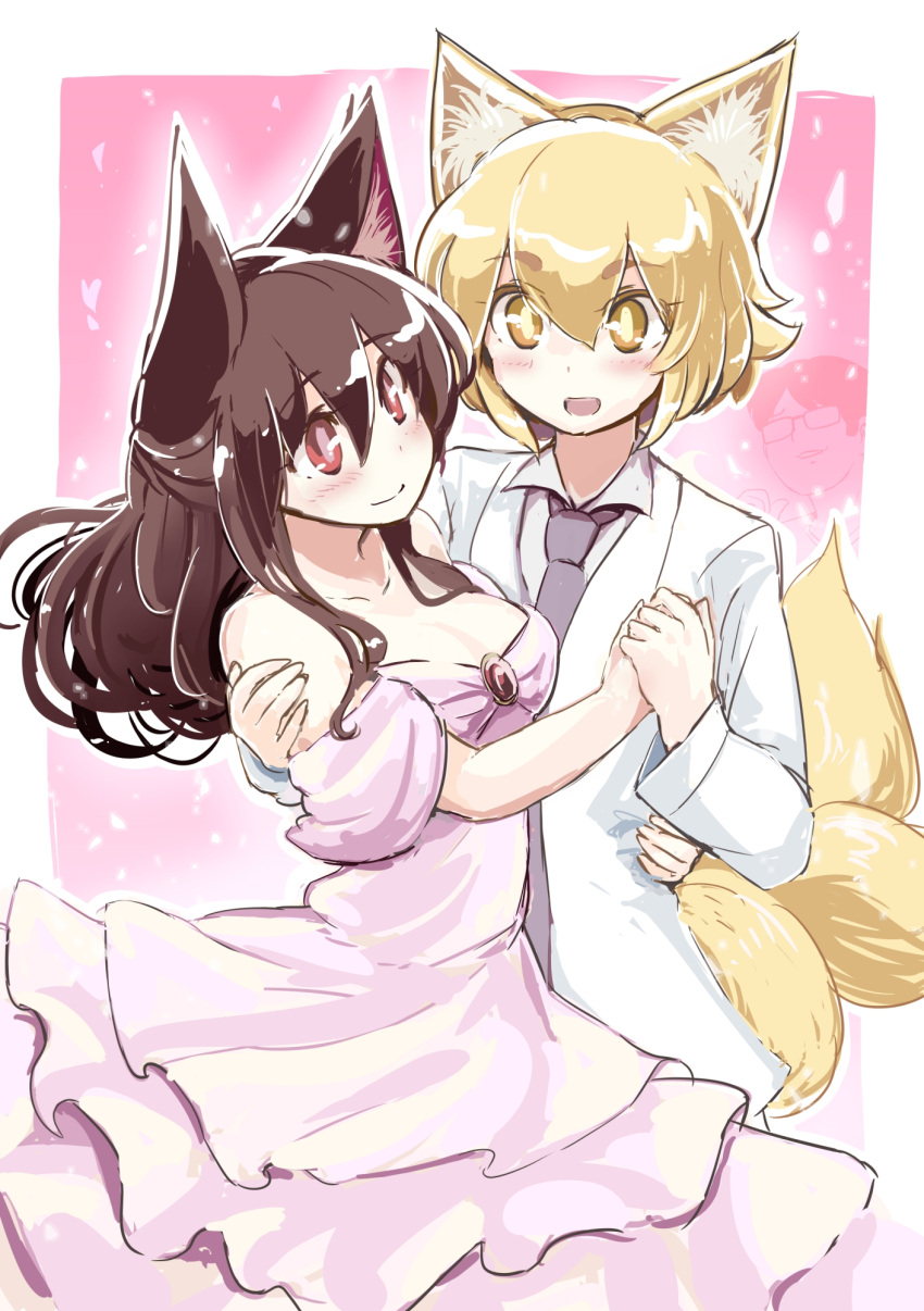 1boy 2girls :d alternate_costume arm_around_shoulder arm_around_waist azumaya_toushirou bare_shoulders blonde_hair blush breasts brown_eyes brown_hair cleavage closed_mouth collarbone collared_shirt dress eyebrows_visible_through_hair formal fox_tail fox_tears glasses hair_between_eyes hair_over_shoulder hand_holding hand_on_another's_shoulder heart highres imaizumi_kagerou jacket long_hair looking_at_another multiple_girls multiple_tails necktie off-shoulder_dress off_shoulder open_clothes open_jacket open_mouth pink_pupils shirt short_hair smile standing suit tail touhou upper_body wing_collar wolf_tears yakumo_ran yellow_eyes yellow_pupils