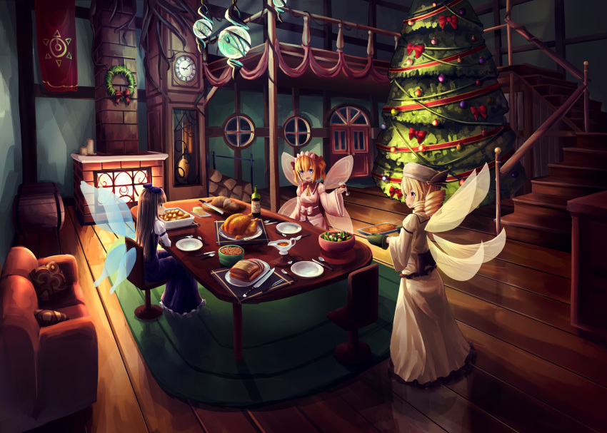 3girls :d alcohol bangs bird blush bow bread chair chicken christmas christmas_tree clock couch dress drill_hair fairy_wings food hair_bow hair_ornament hat highres indoors juliet_sleeves long_sleeves luna_child mittens multiple_girls natori_youkai open_mouth puffy_sleeves salad sitting smile star_sapphire sunny_milk table touhou two_side_up wine wings