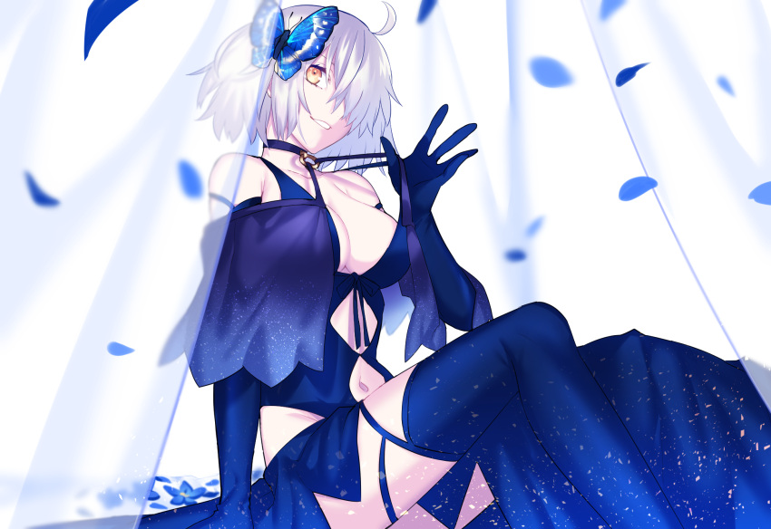 1girl bare_shoulders breasts butterfly_hair_ornament choker dress dress_pull elbow_gloves fate/grand_order fate_(series) gloves grin hair_ornament hair_over_one_eye highres jeanne_alter large_breasts navel petals ruler_(fate/apocrypha) seseragi_azuma sitting smile solo thigh-highs white_hair yellow_eyes