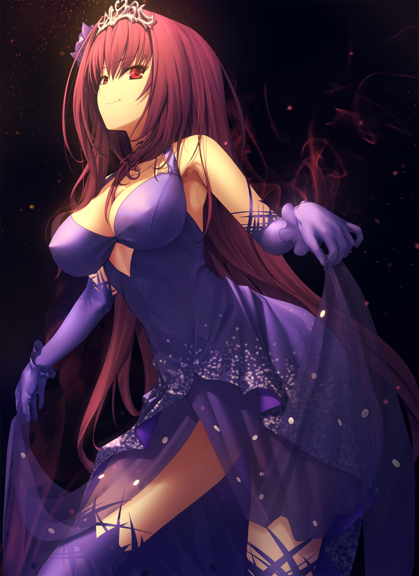 1girl alternate_costume black_background breasts dress dress_lift elbow_gloves erect_nipples fate/grand_order fate_(series) flower gloves hair_between_breasts hair_flower hair_ornament highres kawanakajima large_breasts long_hair looking_at_viewer looking_down purple_background purple_dress purple_gloves purple_hair red_eyes scathach_(fate/grand_order) see-through smile solo thigh-highs tiara very_long_hair
