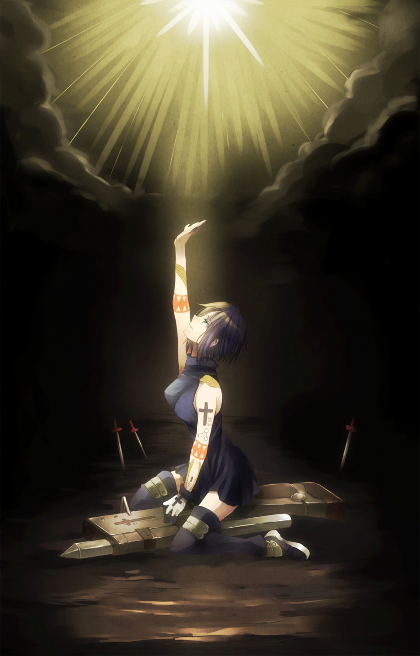 1girl arm_above_head arm_up bare_shoulders black_keys blue_eyes blue_hair boots breasts ciel crossover gloves highres hoshiyume_yashiro looking_up medium_breasts pile_bunker seventh_holy_scripture short_hair solo tattoo thigh-highs thigh_boots tsukihime