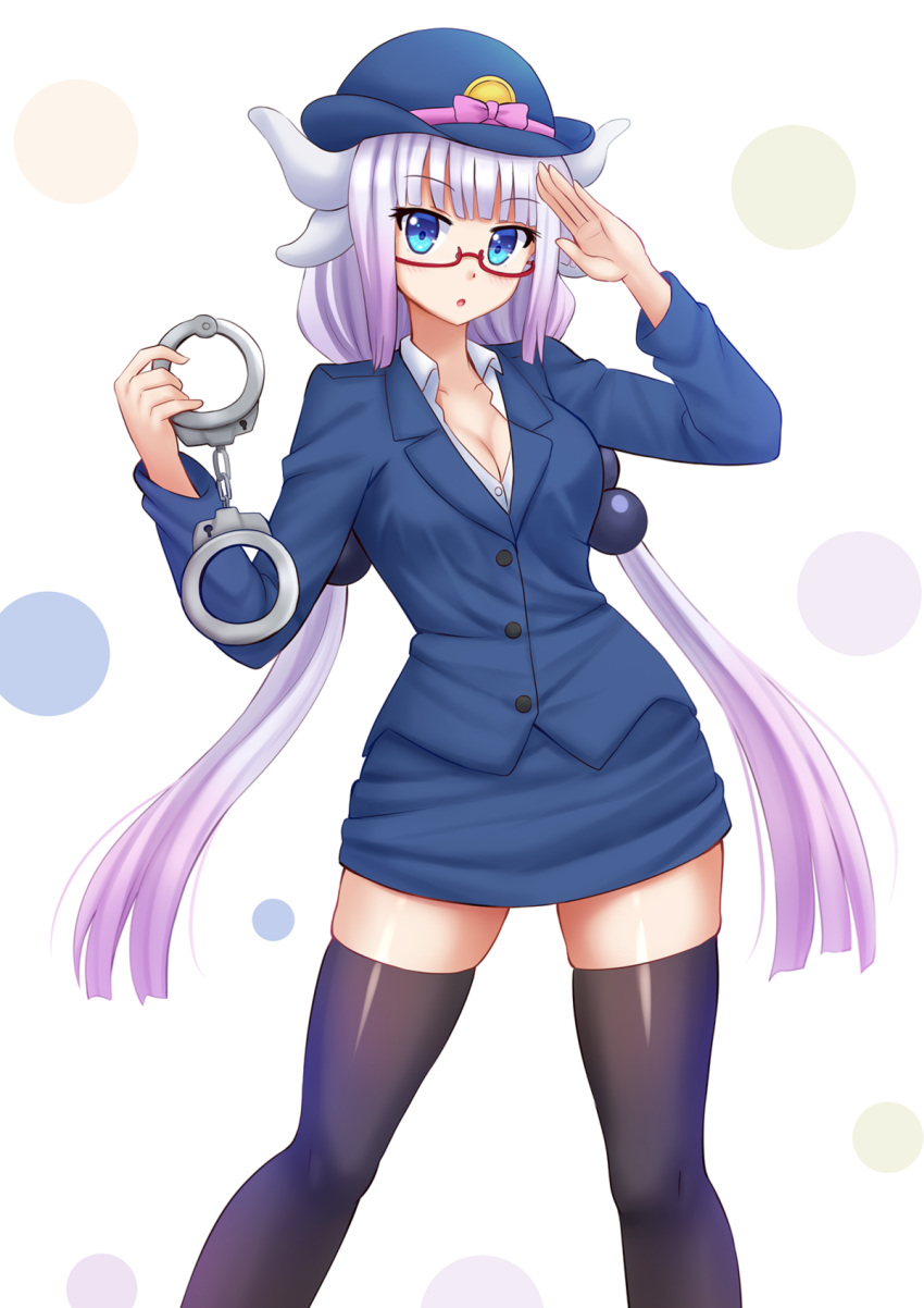 1girl alternate_costume arm_up bangs bespectacled black_legwear blue_eyes blue_hat blue_jacket blue_skirt blunt_bangs blush bow breasts cleavage commentary_request contrapposto cowboy_shot cuffs emblem eyebrows_visible_through_hair glasses gradient_hair hair_bobbles hair_ornament handcuffs hat hat_bow highres horns jacket kanna_kamui kazenokaze kobayashi-san_chi_no_maidragon long_hair looking_at_viewer low_twintails medium_breasts multicolored_hair older pink_bow pink_hair police police_hat police_uniform policewoman red-framed_eyewear saluta semi-rimless_glasses silver_hair skirt solo standing thigh-highs twintails under-rim_glasses uniform very_long_hair wing_collar zettai_ryouiki