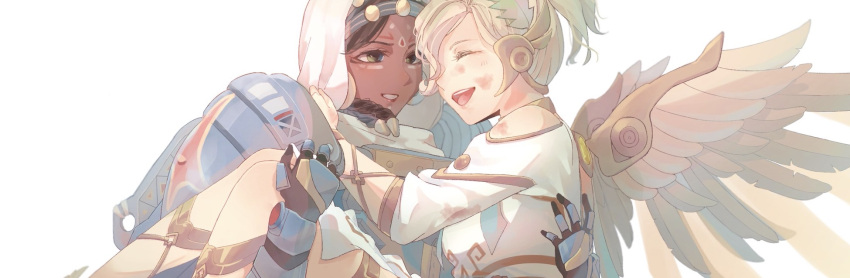 2girls alternate_costume bedouin_pharah black_hair blonde_hair breasts brown_eyes carrying closed_eyes couple dark_skin dress eye_of_horus facial_mark facial_tattoo feathered_wings grin hair_tubes head_wreath high_ponytail highres laurel_crown looking_at_another mechanical_wings medium_breasts mercy_(overwatch) multiple_girls open_mouth overwatch pharah_(overwatch) power_armor princess_carry short_sleeves side_braids simple_background smile tattoo toga tokudo_02 white_background white_dress winged_victory_mercy wings yuri