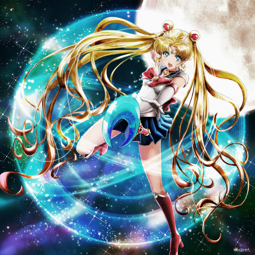 1girl bishoujo_senshi_sailor_moon blonde_hair blue_eyes blue_skirt boots bow bowtie earrings elbow_gloves floating_hair full_body full_moon gloves hair_ornament highres jewelry knee_boots long_hair magical_girl miniskirt moon moon_(ornament) necklace open_mouth pleated_skirt red_boots red_bow red_bowtie sailor_moon shirt signature skirt sky sleeveless sleeveless_shirt solo star_(sky) starry_sky twintails very_long_hair white_gloves white_shirt
