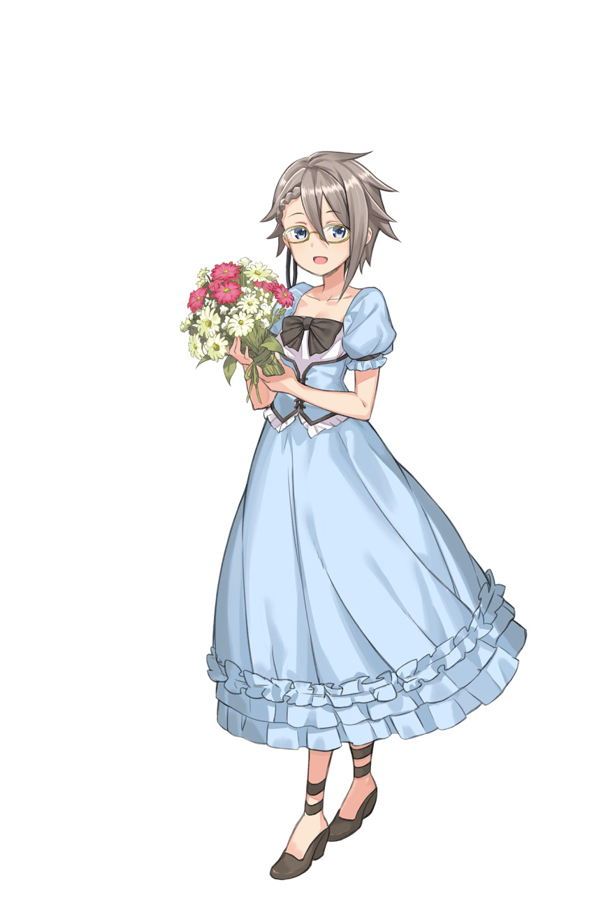 1girl :d ange_(princess_principal) asymmetrical_hair black_bow blue_dress blue_eyes bouquet bow braid dress flower frilled_dress frills full_body glasses grey_hair high_heels highres looking_at_viewer official_art open_mouth princess_principal princess_principal_game_of_mission puffy_short_sleeves puffy_sleeves shoes short_hair short_sleeves smile solo standing transparent_background yellow-framed_eyewear
