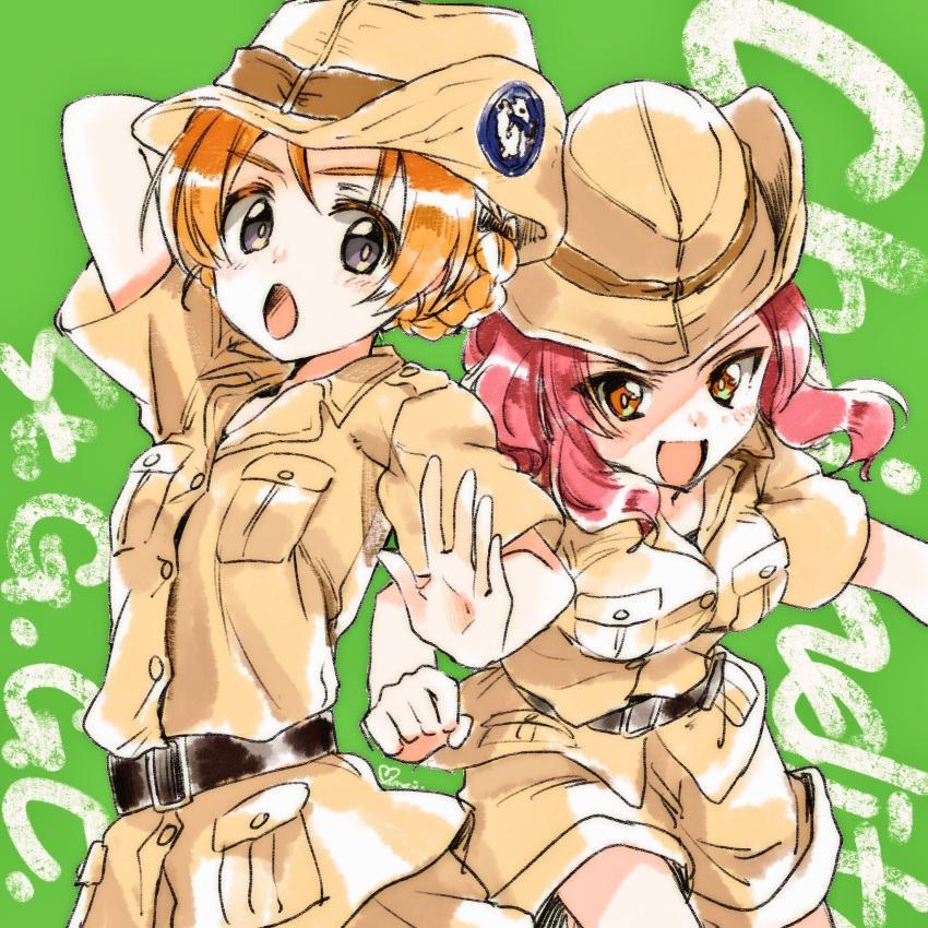 2girls alternate_costume bangs black_belt black_bow blue_eyes bow braid brown_eyes brown_hat brown_shirt brown_shorts collared_shirt commentary_request cowboy_shot eyebrows_visible_through_hair girls_und_panzer green_background hair_bow hat highres kuroi_mimei looking_at_viewer multiple_girls open_mouth orange_hair orange_pekoe parted_bangs redhead rosehip safari_jacket shirt short_hair short_sleeves shorts smile standing standing_on_one_leg tied_hair twin_braids