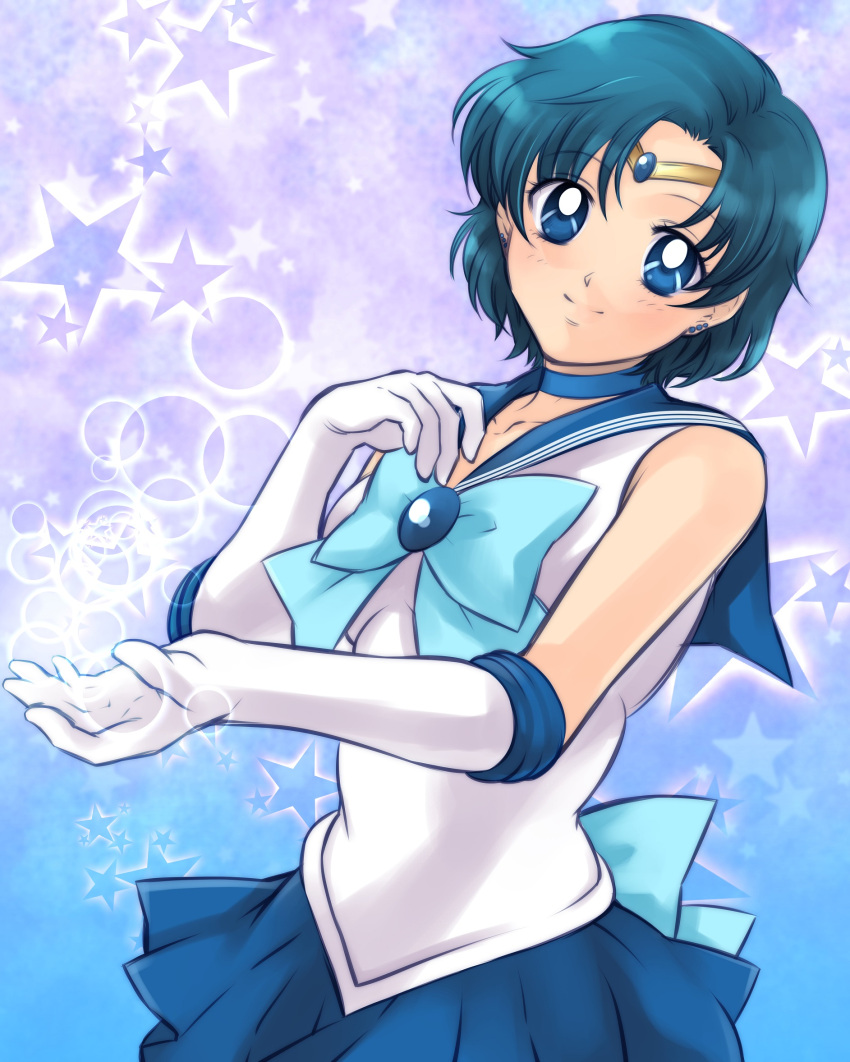 1girl bishoujo_senshi_sailor_moon blue_bow blue_hair blue_neckwear blue_ribbon blue_skirt bow bowtie choker collarbone elbow_gloves eyebrows_visible_though_hair gloves head_tilt highres looking_at_viewer masateruteru miniskirt mizuno_ami pleated_skirt ribbon ribbon_choker sailor_mercury shirt short_hair skirt sleeveless sleeveless_shirt smile solo standing star white_gloves white_shirt