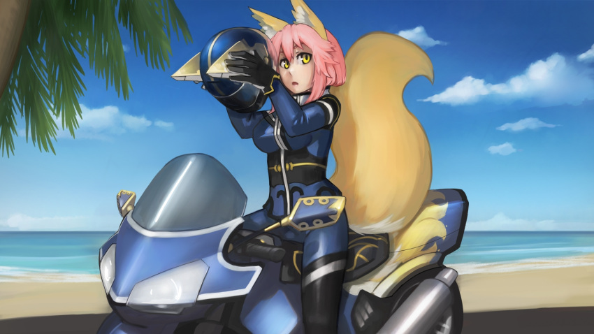 1girl :o animal_ears beach black_bodysuit black_gloves blue_bodysuit blue_sky bodysuit breasts clouds day fate/extra fate_(series) fox_ears fox_girl fox_tail gloves ground_vehicle hair_between_eyes headwear_removed helmet helmet_removed highres holding holding_helmet horizon large_breasts looking_at_viewer motor_vehicle motorcycle motorcycle_helmet multicolored multicolored_bodysuit multicolored_clothes ocean outdoors paintrfiend palm_tree parted_lips pink_hair sand sitting sky solo tail tamamo_(fate)_(all) tamamo_no_mae_(fate) tree yellow_eyes