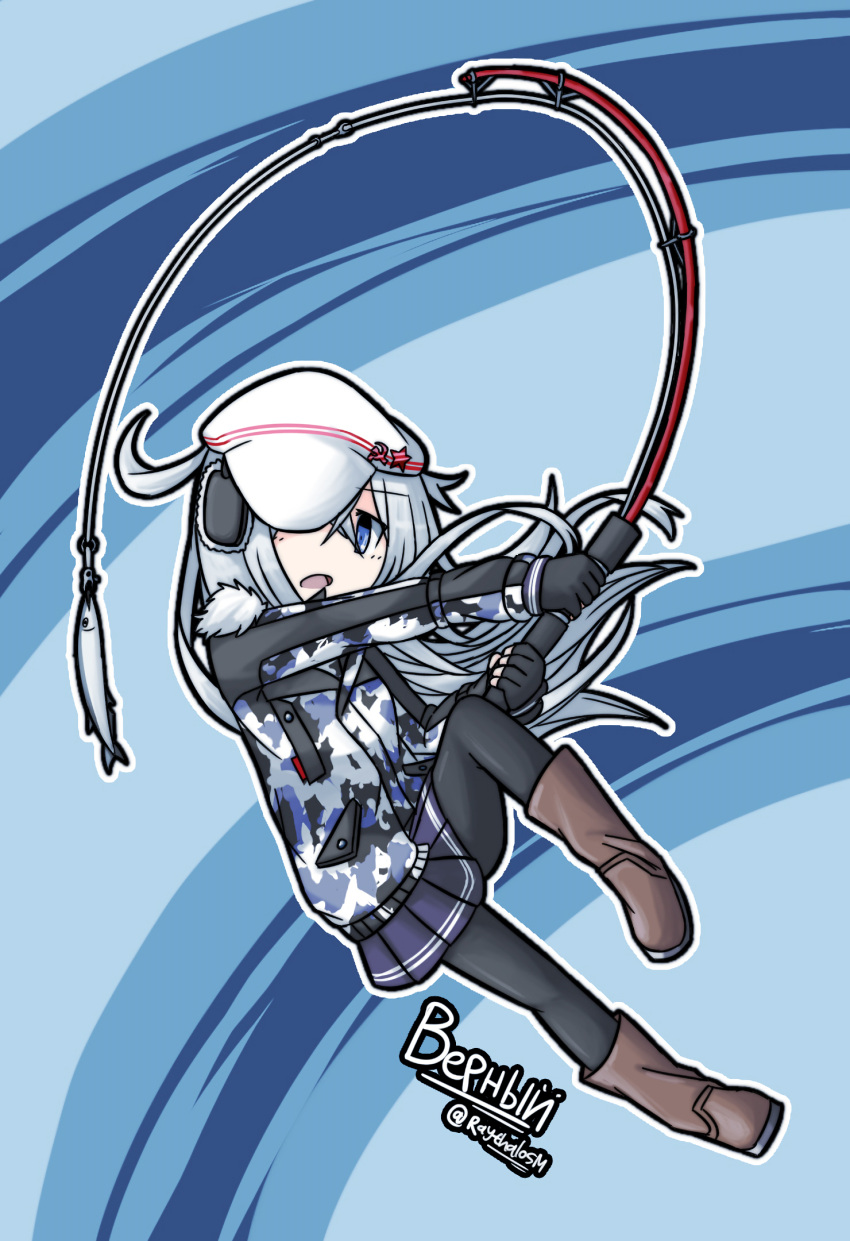 10s 1girl black_legwear blue_eyes boots brown_footwear camouflage camouflage_jacket character_name commentary earmuffs fingerless_gloves fish fishing fishing_line fishing_rod flat_cap gloves hammer_and_sickle hat hibiki_(kantai_collection) highres kantai_collection long_hair long_sleeves one_eye_covered open_mouth pantyhose pleated_skirt raythalosm silver_hair skirt solo twitter_username verniy_(kantai_collection) white_hat