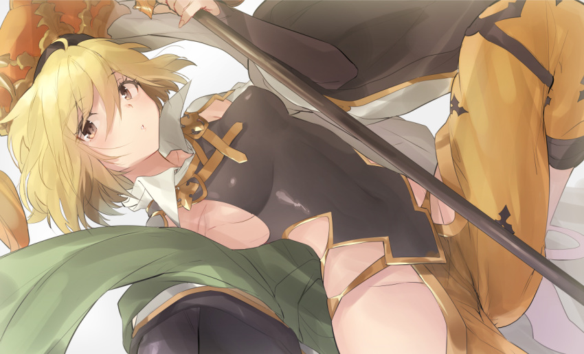 1girl blonde_hair breasts brown_eyes djeeta_(granblue_fantasy) dutch_angle hat looking_at_viewer naso4 parted_lips short_hair sideboob simple_background solo staff thighs white_background