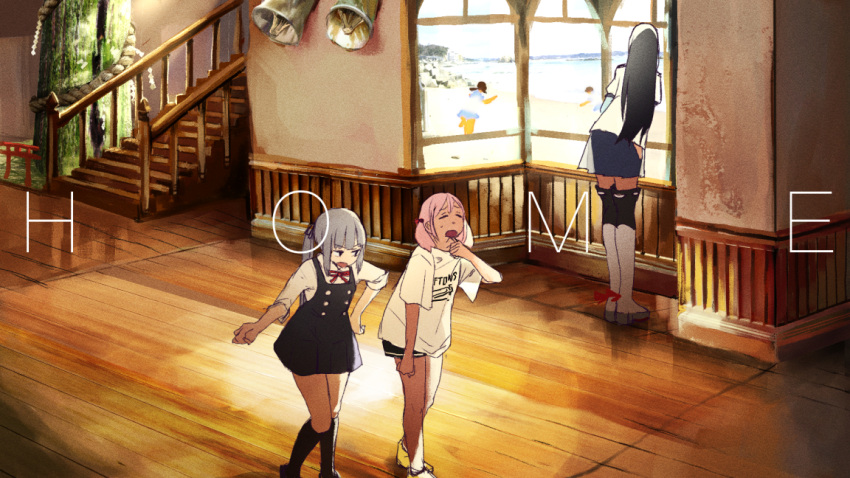 10s 5girls alternate_costume black_dress black_hair blue_skirt day dress grey_hair hallway hunched_over interior kantai_collection kasumi_(kantai_collection) ken_sogen kneehighs long_hair looking_out_window multiple_girls ooyodo_(kantai_collection) open_mouth pink_hair red_ribbon ribbon rope sazanami_(kantai_collection) school_uniform serafuku shide shimenawa shirt side_ponytail skirt stairs torii tree twintails white_shirt window