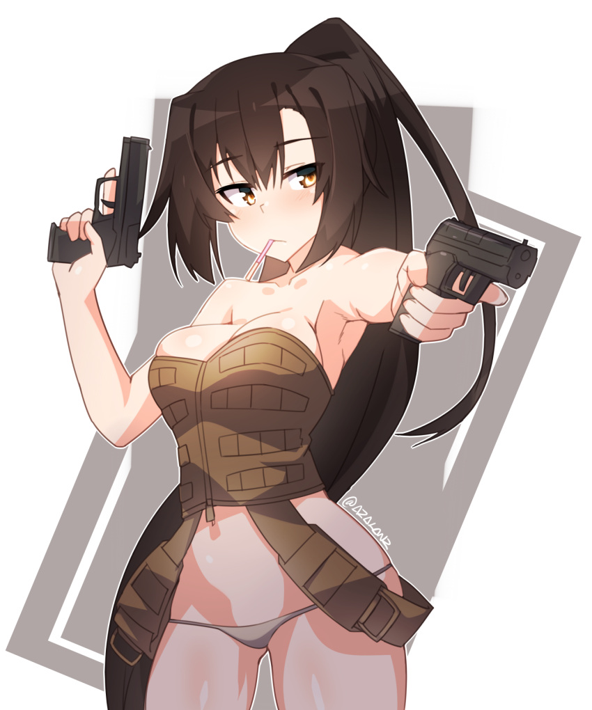 1girl armpits bangs bare_arms bare_shoulders belt blush breasts brown_eyes brown_hair closed_mouth corset cowboy_shot dual_wielding eyebrows_visible_through_hair gluteal_fold grey_panties gun hair_between_eyes hand_up handgun highres holding holding_gun holding_weapon index_finger_raised large_breasts long_hair looking_away looking_to_the_side mouth_hold panties pistol ponytail skindentation solo standing tilt-shift trigger_discipline twitter_username underwear very_long_hair weapon