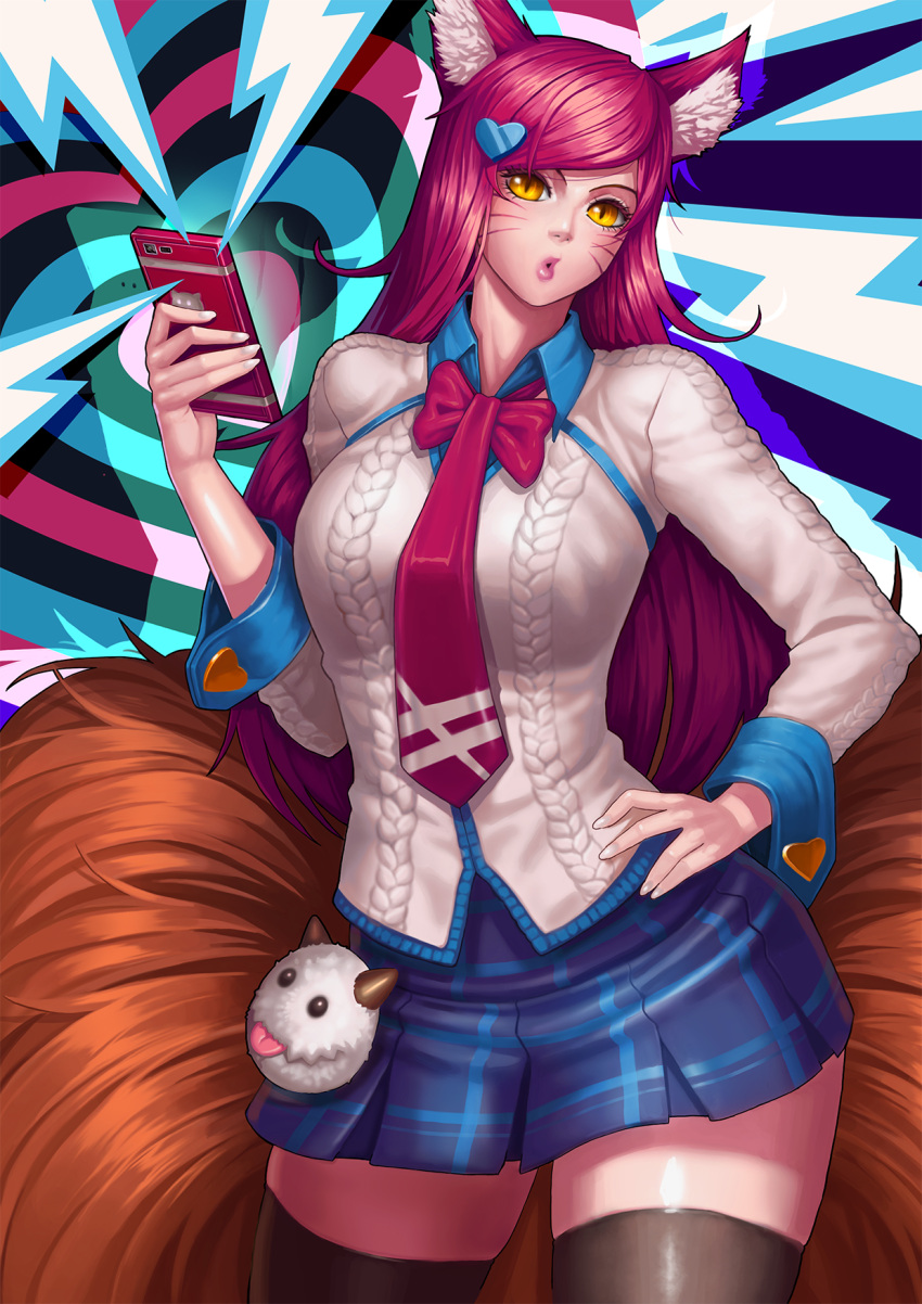 1girl academy_ahri ahri animal_ears aran_sweater black_legwear blue_skirt breasts cellphone cowboy_shot fox_ears fox_tail gonster hair_ornament hairclip hand_on_hip heart_hair_ornament highres large_breasts league_of_legends long_hair long_sleeves looking_at_viewer multiple_tails parted_lips phone redhead school_uniform skirt slit_pupils smartphone solo sweater tail thigh-highs whisker_markings yellow_eyes