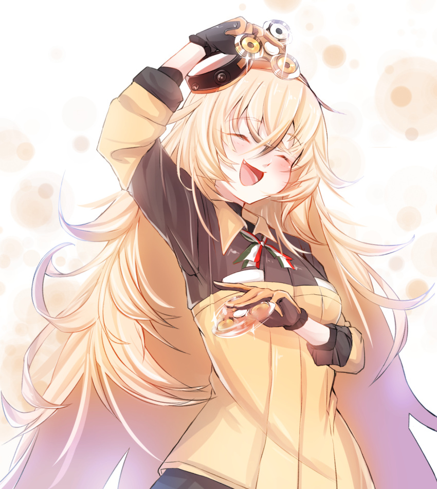 1girl :d ^_^ arm_up bangs black_gloves black_shirt blonde_hair blush closed_eyes collared_shirt dayongqi eyebrows_visible_through_hair fang fidget_spinner girls_frontline gloves hair_between_eyes hair_ornament hand_up highres long_hair messy_hair military military_uniform open_mouth orange_gloves orange_shirt s.a.t.8_(girls_frontline) shirt sleeves_past_elbows smile solo uniform upper_body very_long_hair