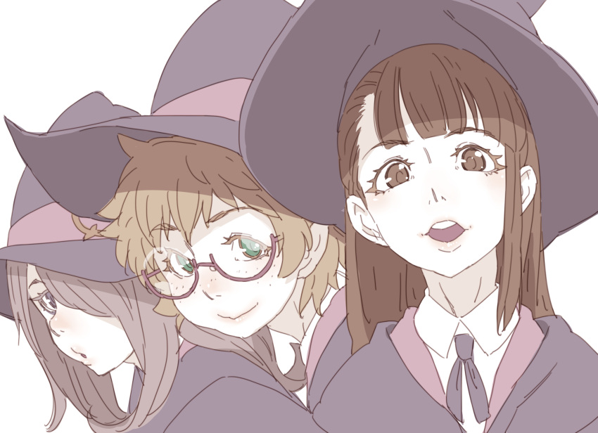 3girls brown_eyes brown_hair closed_mouth commentary glasses green_eyes hat highres kagari_atsuko lips little_witch_academia long_hair looking_at_viewer lotte_jansson multiple_girls one_eye_covered open_mouth pale_color semi-rimless_glasses short_hair simple_background smile sucy_manbavaran tasaka_shinnosuke under-rim_glasses violet_eyes white_background witch_hat