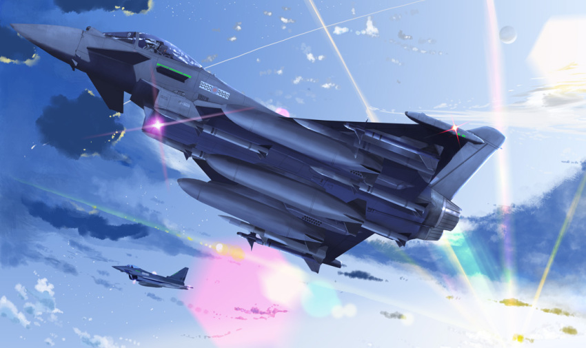 aircraft airplane canards clouds dusk eurofighter_typhoon fighter_jet flying i.t.o_daynamics jet lens_flare military military_vehicle missile real_life realistic