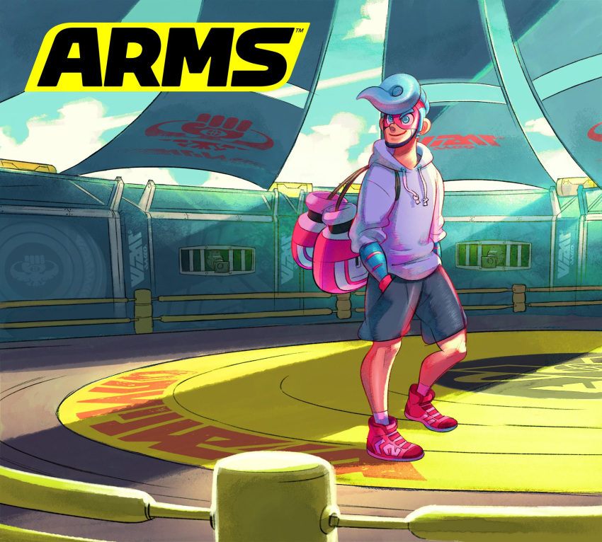 1boy arms_(game) blue_eyes blue_hair boxing_gloves casual closed_mouth hands_in_pockets highres hood hoodie ishikawa_masaaki logo male_focus official_art pompadour shoes shorts smile sneakers solo spring_man_(arms) stadium sunrise toaster_(arms)