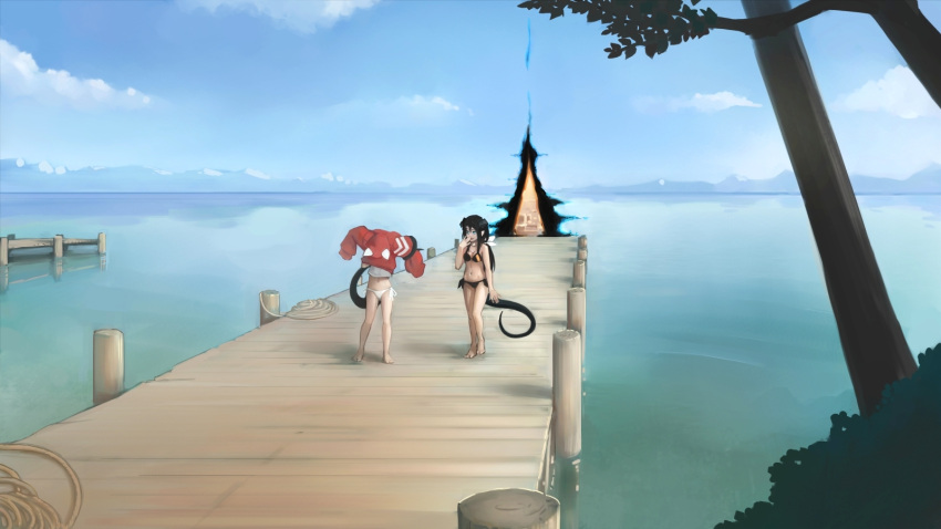 2girls :d animal_hood bangs bare_arms bare_legs bare_shoulders barefoot bikini black_bikini black_hair blue_eyes blue_sky cat_hood clouds day dragon_girl dragon_horns dragon_tail fantasy hair_ribbon hand_to_own_mouth highres hood hoodie horizon horns laughing long_hair long_sleeves looking_at_another magic mountain multiple_girls navel open_mouth original outdoors paintrfiend pier portal_(object) red_hoodie ribbon rope scenery side-tie_bikini sky smile standing swimsuit tail tree tress_ribbon undressing white_bikini