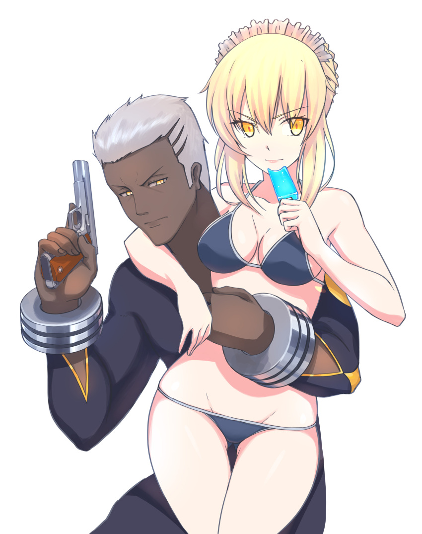 &gt;:( &gt;:) 1boy 1girl absurdres arm_around_neck artoria_pendragon_(swimsuit_rider_alter)_(fate) bangs bare_arms bare_shoulders bikini black_bikini blonde_hair bracelet breasts cleavage closed_mouth cowboy_shot dark_skin dark_skinned_male emiya_alter expressionless fate/grand_order fate_(series) food frills gluteal_fold gun half-closed_eyes handgun highres holding holding_food holding_gun holding_weapon hug jewelry kuso_otoko long_sleeves looking_at_viewer maid_headdress medium_breasts pistol popsicle short_hair silver_hair simple_background smile standing swimsuit thigh_gap thigh_strap trigger_discipline tsurime weapon white_background yellow_eyes
