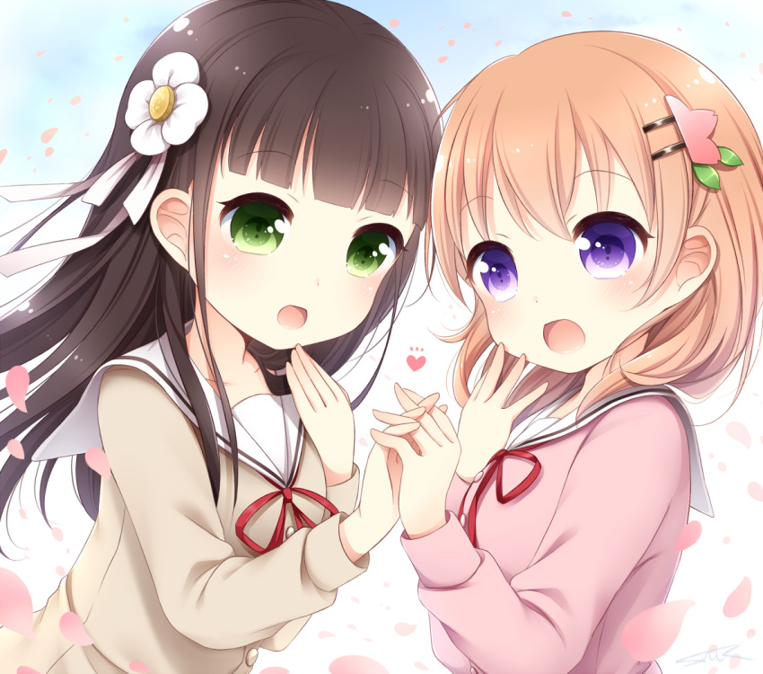 2girls :d bangs blouse blush breasts brown_blouse brown_hair collarbone commentary_request eye_contact eyebrows_visible_through_hair flower gochuumon_wa_usagi_desu_ka? green_eyes hair_flower hair_ornament hairclip hand_holding hand_on_own_cheek hand_to_own_mouth heart hoto_cocoa hoto_cocoa's_school_uniform interlocked_fingers long_hair long_sleeves looking_at_another multiple_girls neck_ribbon open_mouth orange_hair petals pink_blouse red_ribbon ribbon sanotsuki school_uniform serafuku short_hair signature small_breasts smile two-tone_background ujimatsu_chiya upper_body violet_eyes white_flower white_ribbon white_sailor_collar