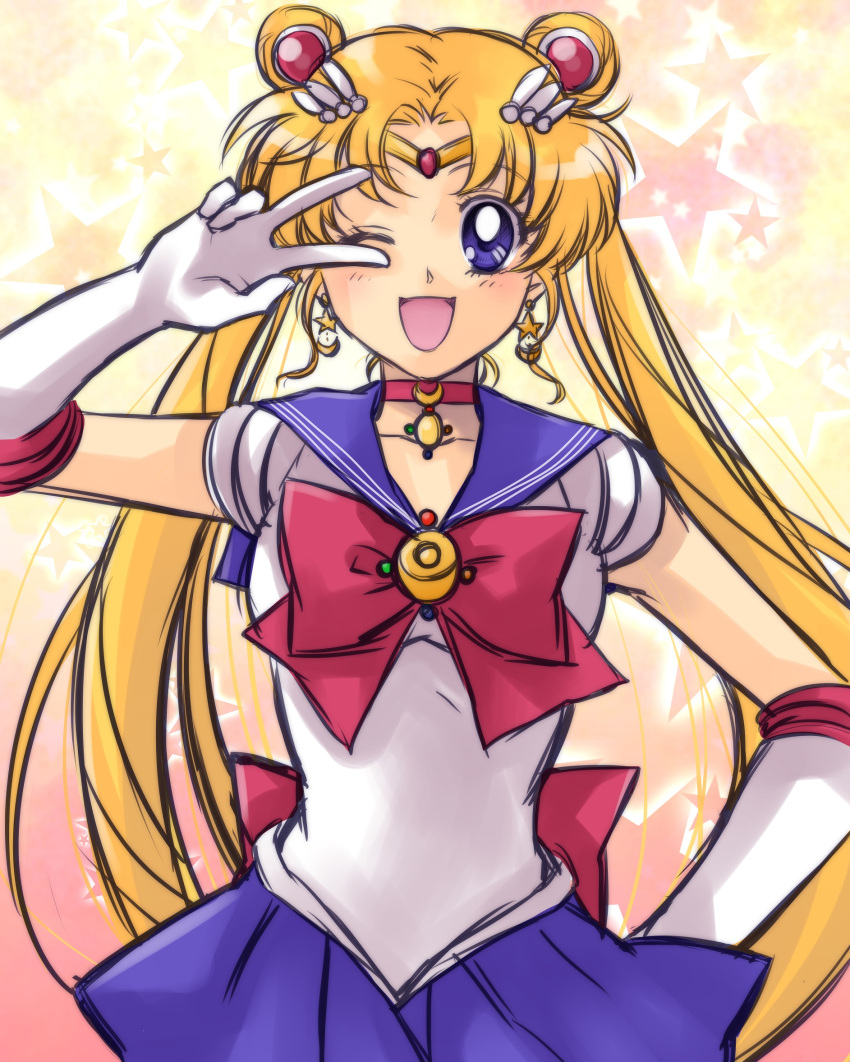 1girl ;d bishoujo_senshi_sailor_moon blonde_hair blue_eyes blue_skirt bow bowtie collarbone double_bun earrings elbow_gloves gloves hand_on_hip highres jewelry long_hair masateruteru miniskirt one_eye_closed open_mouth pleated_skirt red_bow red_bowtie sailor_moon shirt short_sleeves skirt smile solo standing star star_earrings tsukino_usagi twintails v very_long_hair white_gloves white_shirt