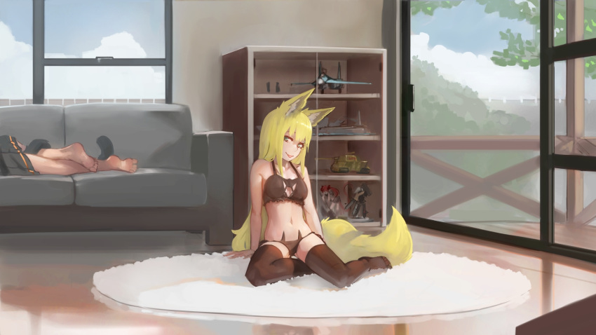 2girls :p animal_ears arm_support balcony bare_arms bare_shoulders barefoot black_bra black_legwear black_panties black_skirt blonde_hair blue_sky bra breasts cat_lingerie cat_tail closed_mouth clouds cloudy_sky couch day figure fox_ears fox_girl fox_tail green_eyes highres house indoors long_hair looking_at_viewer lying medium_breasts meme_attire multiple_girls no_shoes on_couch on_side original out_of_frame paintrfiend panties pleated_skirt rug seductive_smile shelf sitting skirt sky sliding_doors smile tail thigh-highs tongue tongue_out toy_airplane underwear very_long_hair