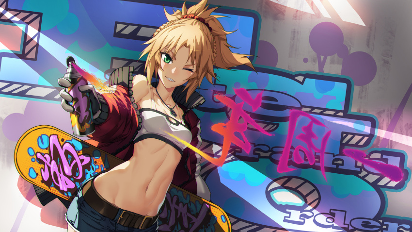 1girl bandeau bangs blonde_hair bottle braid breasts cowboy_shot cropped_jacket cutoffs denim denim_shorts dutch_angle fate/apocrypha fate/grand_order fate_(series) gloves graffiti green_eyes grin highres jacket jewelry looking_at_viewer madyy midriff navel necklace off_shoulder one_eye_closed open_clothes open_jacket parted_bangs parted_lips pendant ponytail saber_of_red short_shorts shorts sidelocks skateboard small_breasts smile solo spray_bottle spray_can spray_paint strapless teeth tsurime tubetop