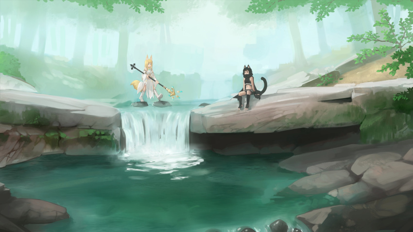 2girls animal_ears bare_shoulders black_footwear black_gloves black_hair black_legwear black_shirt black_shorts blonde_hair boots cat_ears cat_tail covered_mouth crop_top cropped_shirt day dress fantasy fog forest fox_ears fox_girl fox_tail gloves high_heel_boots high_heels highres holding holding_staff knee_boots long_hair long_sleeves multiple_girls nature navel original outdoors paintrfiend plant river rock scenery shirt shoes short_hair short_shorts shorts sitting sleeveless sleeveless_shirt socks staff standing tail walking water waterfall white_dress wide_sleeves
