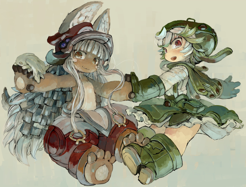 2girls :3 :d animal_ears blush boots brown_eyes commentary_request ebimomo fang full_body gloves green_hair hands_together hat helmet looking_at_viewer made_in_abyss meinya_(made_in_abyss) multicolored_hair multiple_girls nanachi_(made_in_abyss) open_mouth prushka rabbit_ears red_eyes sidelocks smile two-tone_hair whiskers white_hair