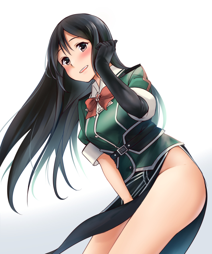 10s 1girl :d black_gloves black_hair brown_eyes chikuma_(kantai_collection) elbow_gloves gloves gradient gradient_background green_jacket haregama_shiina highres jacket kantai_collection long_hair open_mouth short_sleeves single_elbow_glove smile solo
