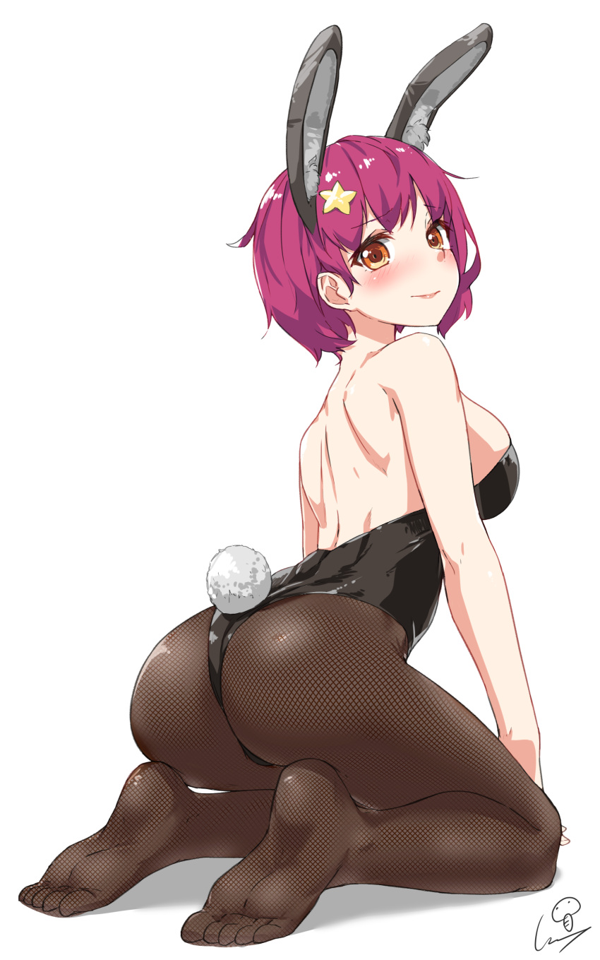 1girl absurdres animal_ears artist_name ass bangs bare_shoulders black_legwear breasts brown_eyes bunny_tail closed_mouth dated eyebrows_visible_through_hair feet full_body hair_ornament highres kneeling large_breasts lips looking_at_viewer looking_back no_shoes original pantyhose purple_hair rabbit_ears short_hair shoulder_blades sideboob signature simple_background smile soles solo star star_hair_ornament tail tareme thighs toes wet.elephant white_background