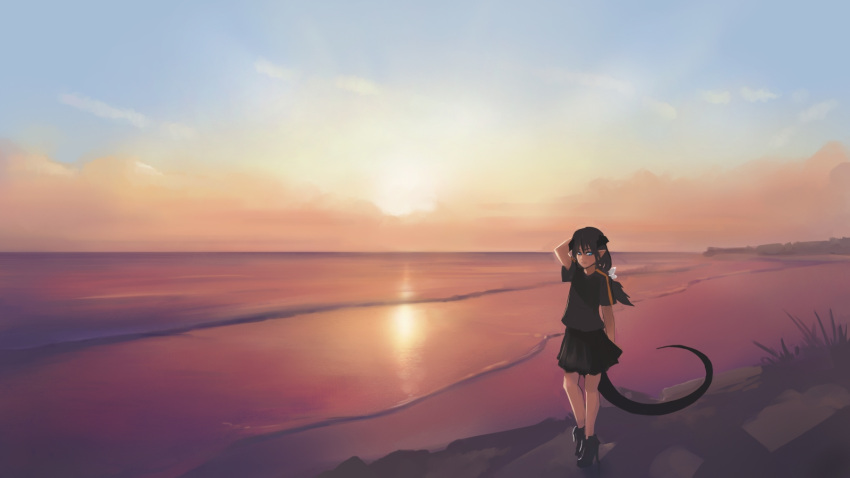 1girl arm_behind_back bangs black_footwear black_hair black_shirt black_skirt blue_eyes blue_sky closed_mouth clouds cloudy_sky day dragon_girl dragon_tail grass hand_behind_head high_heels highres horns long_hair looking_at_viewer ocean original outdoors paintrfiend pointy_ears reflection sand scenery shirt shoes shore short_sleeves skirt sky solo standing sunlight sunrise tail