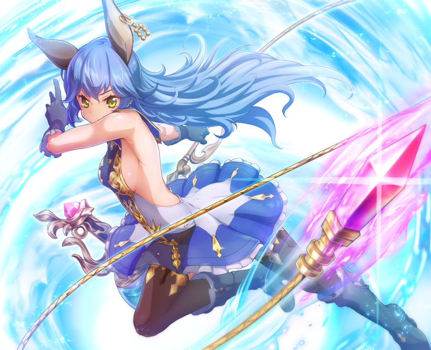 1girl animal_ears arm_up armpits backless_outfit bare_shoulders black_footwear black_gloves black_legwear blue_skirt boots breasts ear_clip elbow_gloves erun_(granblue_fantasy) ferry_(granblue_fantasy) foreshortening frilled_skirt frills gem glint gloves granblue_fantasy holding holding_weapon knee_boots large_breasts long_hair looking_at_viewer one_leg_raised outstretched_arm pantyhose poroze side_ponytail skirt sleeveless solo weapon whip yellow_eyes
