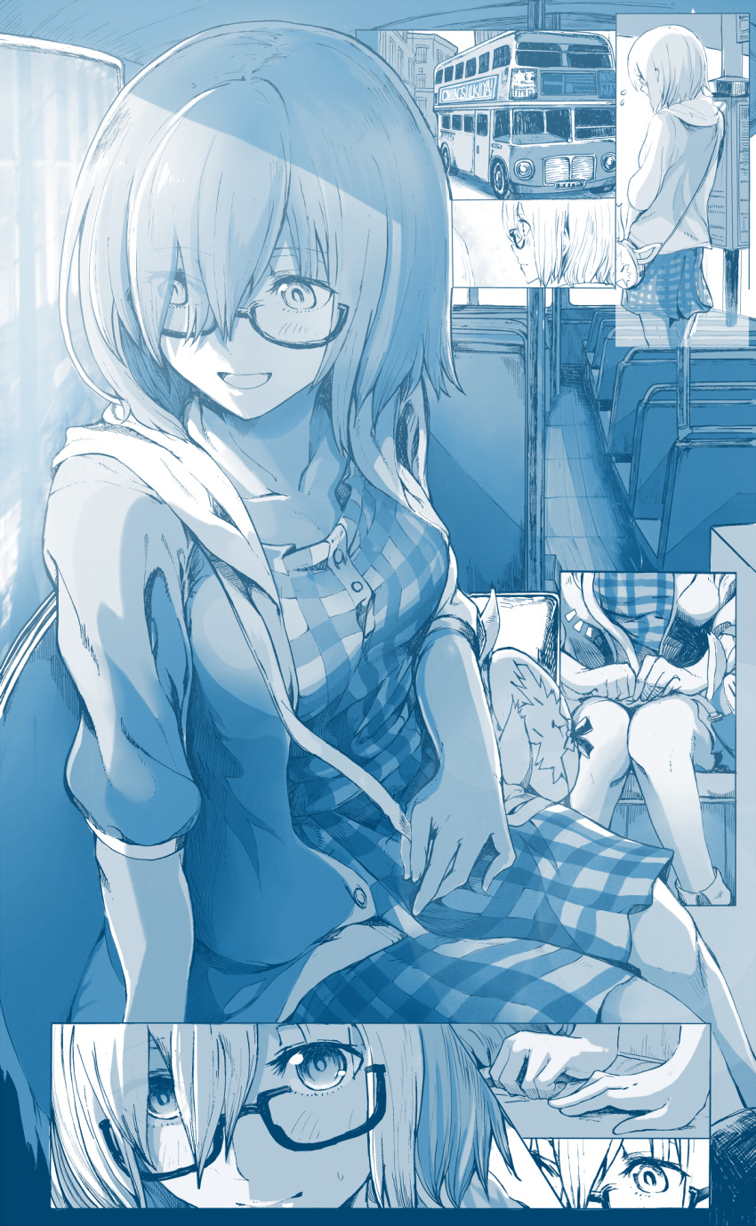 1girl bag bangs bare_legs blue bus casual character_doll closed_mouth collarbone comic commentary_request dress eyebrows_visible_through_hair fan fate/grand_order fate_(series) flying_sweatdrops fou_(fate/grand_order) glasses graphite_(medium) ground_vehicle hair_over_one_eye hands_on_lap highres hood hooded_jacket hoodie jacket looking_to_the_side monochrome motor_vehicle open_clothes open_hoodie open_mouth paper_fan plaid plaid_dress pouch semi-rimless_glasses shielder_(fate/grand_order) short_hair silent_comic sitting smile solo standing syatey traditional_media uchiwa under-rim_glasses