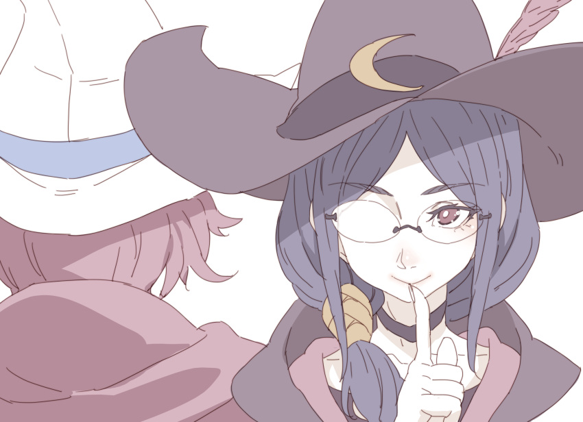 2girls blue_hair closed_mouth dual_persona finger_to_mouth glasses hat highres little_witch_academia long_hair looking_at_viewer multiple_girls pale_color red_eyes shiny_chariot shushing simple_background smile spoilers tasaka_shinnosuke ursula_charistes white_background white_hat witch witch_hat