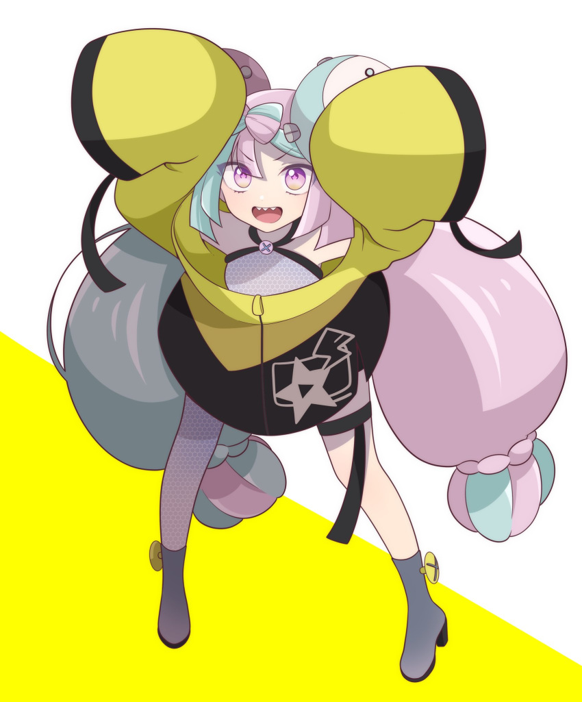 1girl bow-shaped_hair character_hair_ornament grey_pantyhose hair_ornament hexagon_print highres iono_(pokemon) jacket long_hair low-tied_long_hair masimasi07 multicolored_hair oversized_clothes pantyhose pokemon pokemon_(game) pokemon_sv sharp_teeth single_leg_pantyhose sleeves_past_fingers sleeves_past_wrists solo split-color_hair star_(symbol) star_in_eye symbol_in_eye teeth twintails very_long_sleeves x yellow_jacket
