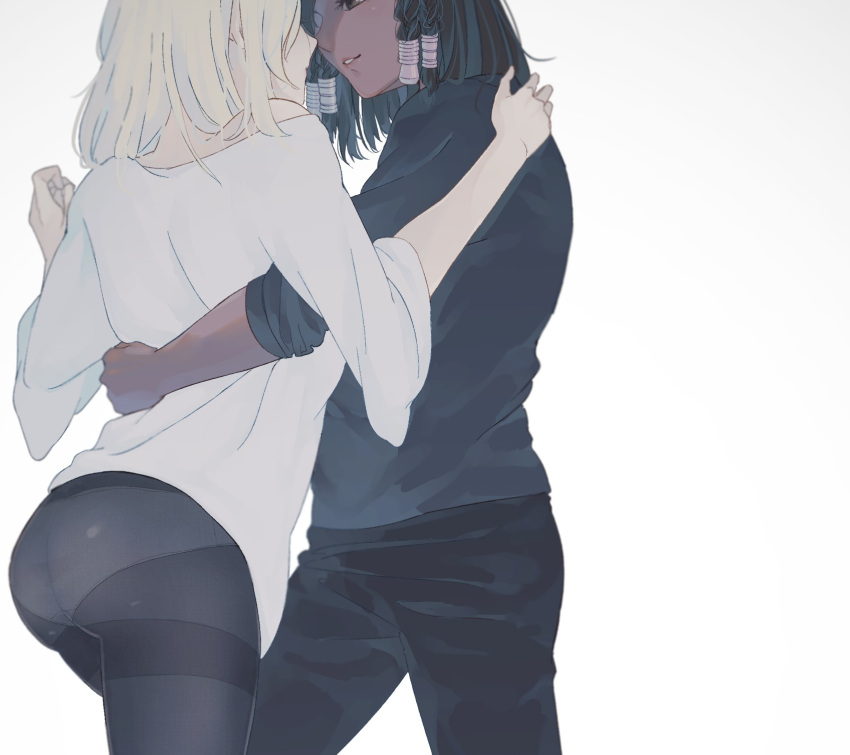 2girls arm_around_back ass black_hair black_legwear black_pants black_shirt blonde_hair breasts brown_eyes casual couple cowboy_shot dark_skin eye_contact eye_of_horus facial_mark facial_tattoo hair_tubes hand_holding highres hug long_sleeves looking_at_another medium_breasts medium_hair mercy_(overwatch) multiple_girls overwatch panties panties_under_pantyhose pants pantyhose parted_lips pharah_(overwatch) shirt side_braids simple_background smile tattoo thighband_pantyhose tokudo_02 underwear white_background white_shirt yuri