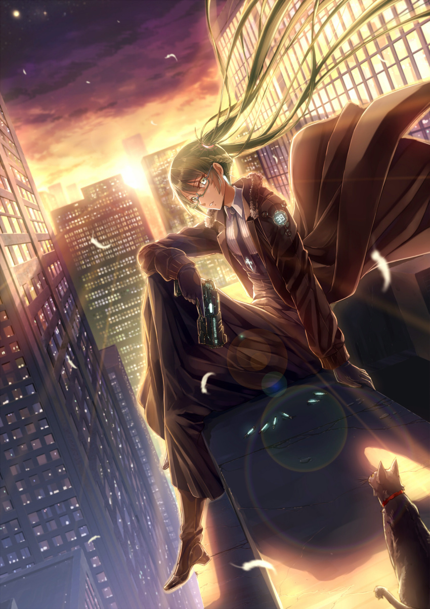 1girl aqua_eyes aqua_hair black_cat boots bullet cat city earrings feathers glasses gloves gun hatsune_miku highres jewelry kazeno long_coat long_skirt looking_at_viewer necktie sitting skirt solo twintails vocaloid weapon wind