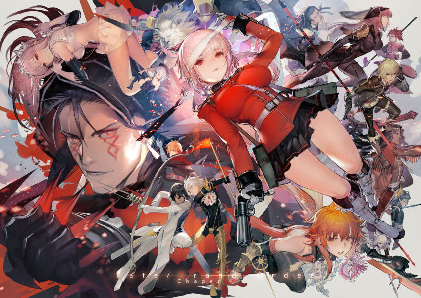 6+boys 6+girls archer_(fate/extra) arjuna_(fate/grand_order) arm_up assassin_(fate/extra) bandage bangs between_breasts billy_the_kid_(fate/grand_order) black_hair black_skirt blonde_hair blue_eyes boots braid breasts brown_eyes character_request closed_mouth copyright_name crop_top crown cu_chulainn_(fate/grand_order) derringer eyebrows_visible_through_hair facial_tattoo fate/extra fate/extra_ccc fate/grand_order fate_(series) florence_nightingale_(fate/grand_order) gae_bolg grey_boots gun handgun helena_blavatsky_(fate/grand_order) holding holding_gun holding_weapon karna_(fate) knee_boots lancer lancer_(fate/extra_ccc) li_shuwen_(fate/grand_order) liduke long_hair medb_(fate/grand_order) medium_breasts military military_uniform miniskirt multiple_boys multiple_girls orange_eyes orange_hair parted_lips pink_hair pleated_skirt polearm rama_(fate/grand_order) red_eyes saber_bride saber_extra scathach_(fate/grand_order) sidelocks skirt slit_pupils spear strap_cleavage tattoo thighs thomas_edison_(fate/grand_order) uniform wavy_hair weapon white_skirt