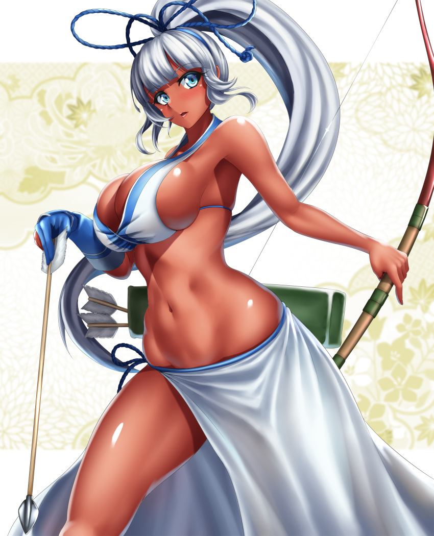 1girl arrow bare_shoulders blue_eyes bow_(weapon) breasts dark_skin high_ponytail highres large_breasts long_hair majikina_mina midriff navel parted_lips samurai_spirits sideboob silver_hair solo tama_(tamakaka1031) tan thighs very_long_hair weapon