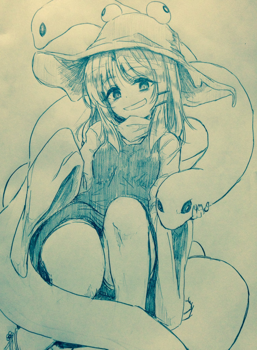 1girl bangs blush commentary_request efukei eyebrows_visible_through_hair hat highres long_sleeves looking_at_viewer mishaguji monochrome moriya_suwako open_mouth sidelocks sitting skirt skirt_set smile touhou traditional_media wide_sleeves