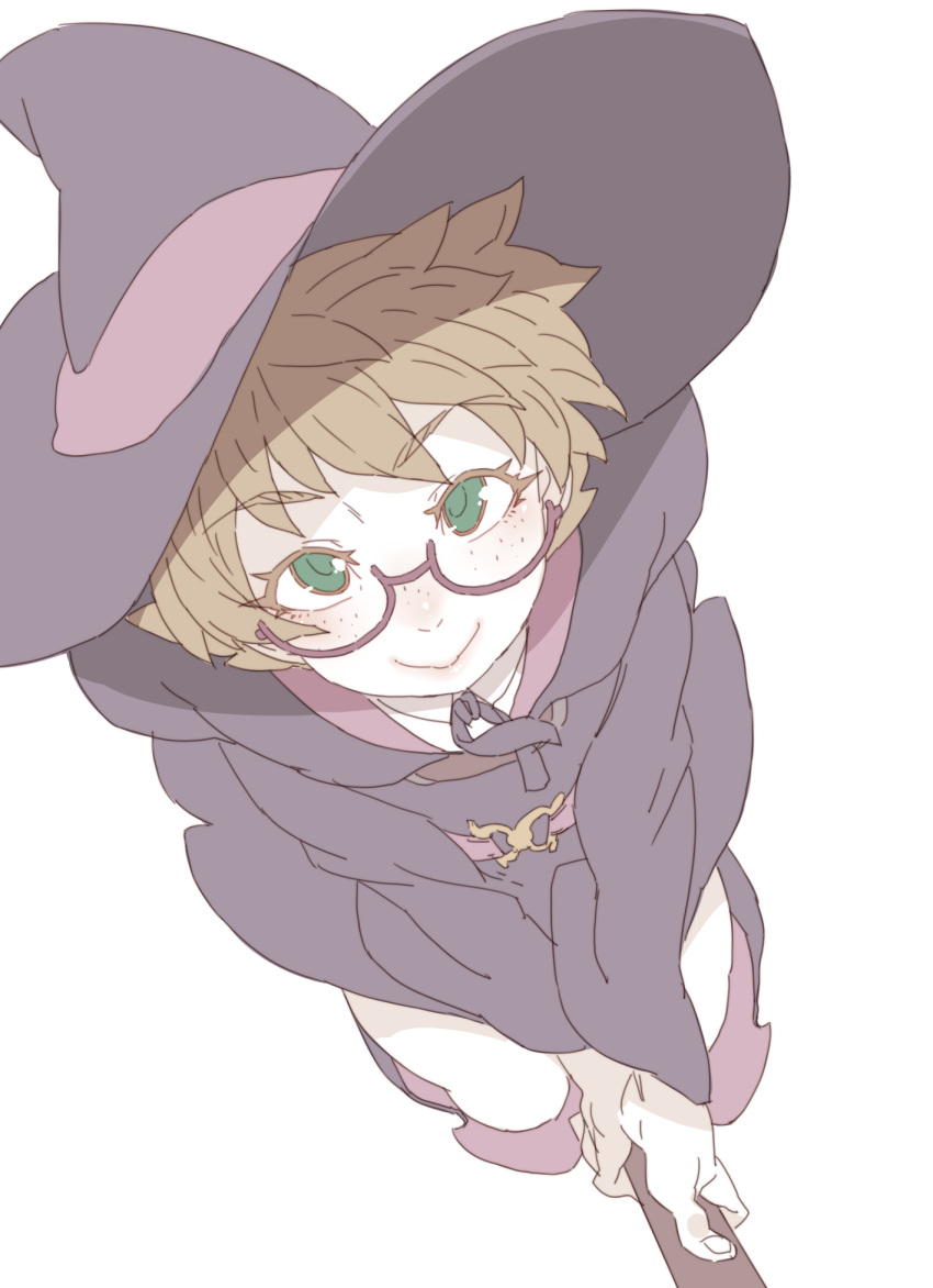 1girl blush boots broom broom_riding brown_hair closed_mouth commentary freckles glasses green_eyes hat highres little_witch_academia long_sleeves looking_at_viewer looking_up lotte_jansson pale_color riding robe semi-rimless_glasses short_hair simple_background smile solo tasaka_shinnosuke under-rim_glasses white_background witch witch_hat