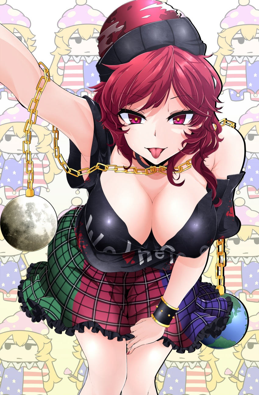 1girl american_flag_dress bare_shoulders black_shirt breasts chains chibi_inset cleavage clothes_writing clownpiece collar come_hither earth_(ornament) hat hecatia_lapislazuli highres jester_cap jitome large_breasts looking_at_viewer miniskirt moon_(ornament) multicolored multicolored_clothes multicolored_skirt nail_polish neck_ruff pantyhose polka_dot polos_crown poop_on_a_stick red_eyes red_nails redhead rihito_(usazukin) shirt short_sleeves skirt star star-shaped_pupils symbol-shaped_pupils t-shirt tongue tongue_out touhou tsurime wrist_cuffs